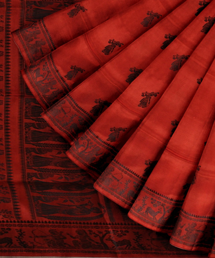 Dark orange black handwoven baluchari silk saree