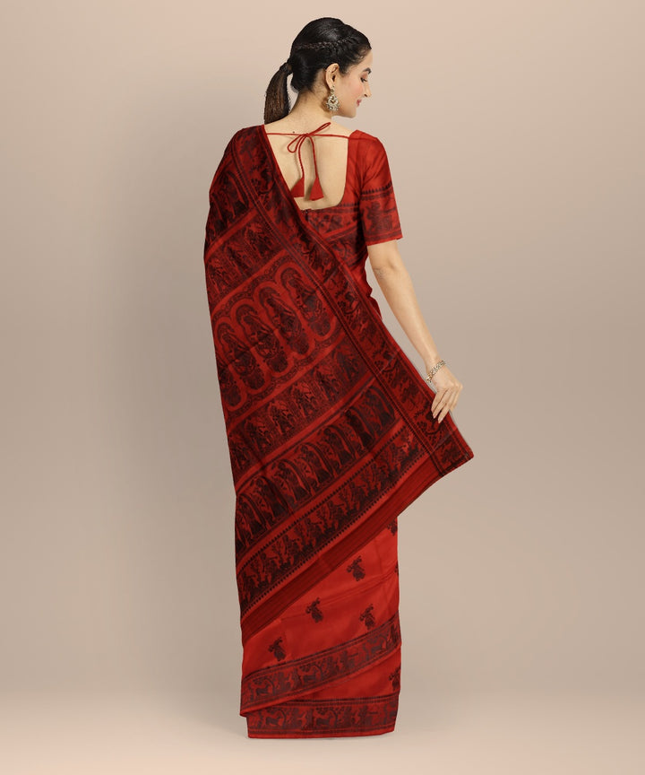 Dark orange black handwoven baluchari silk saree