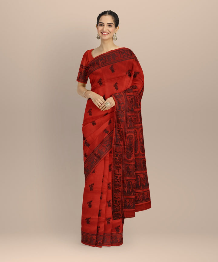 Dark orange black handwoven baluchari silk saree