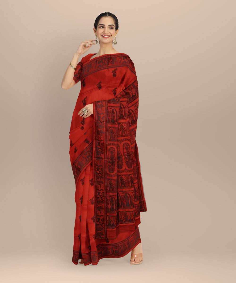 Dark orange black handwoven baluchari silk saree