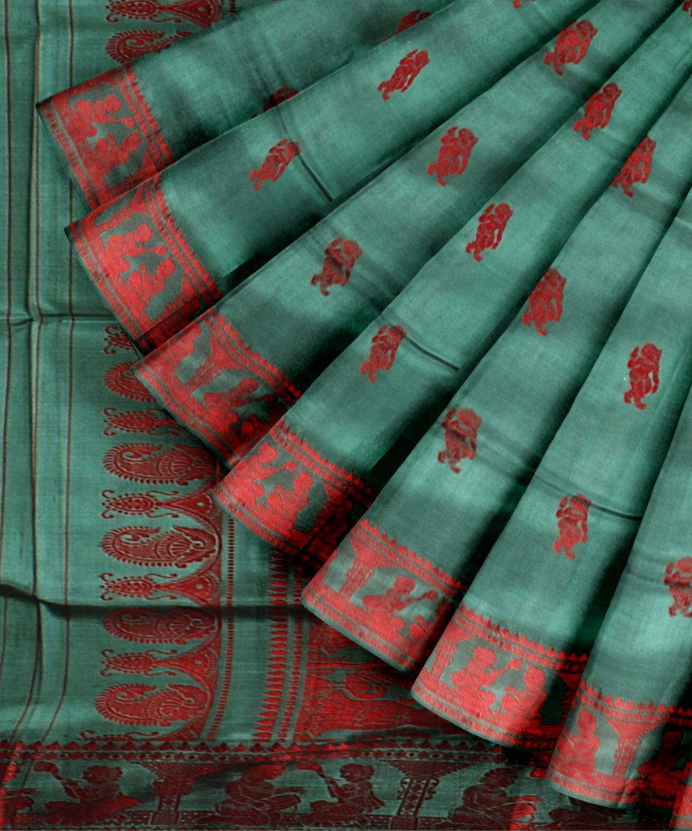 Cyan green red handwoven baluchari silk saree