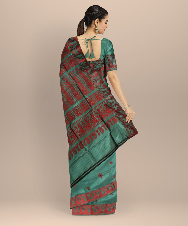 Cyan green red handwoven baluchari silk saree