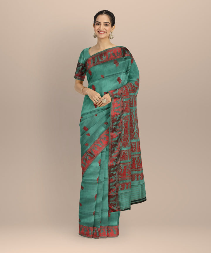 Cyan green red handwoven baluchari silk saree