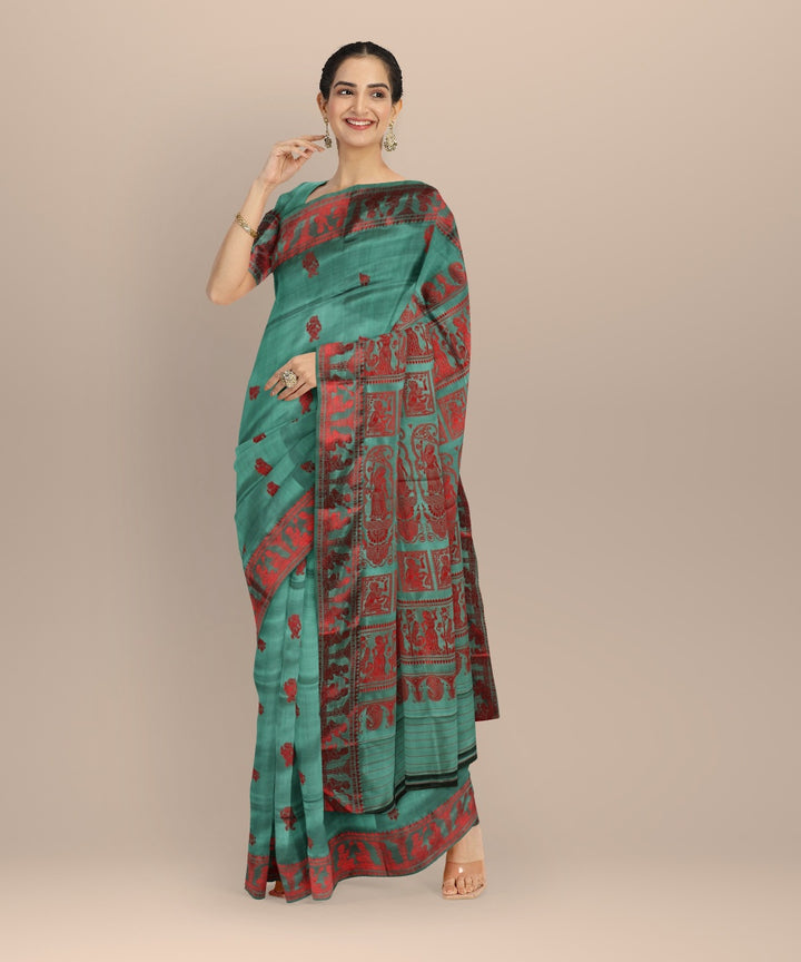 Cyan green red handwoven baluchari silk saree