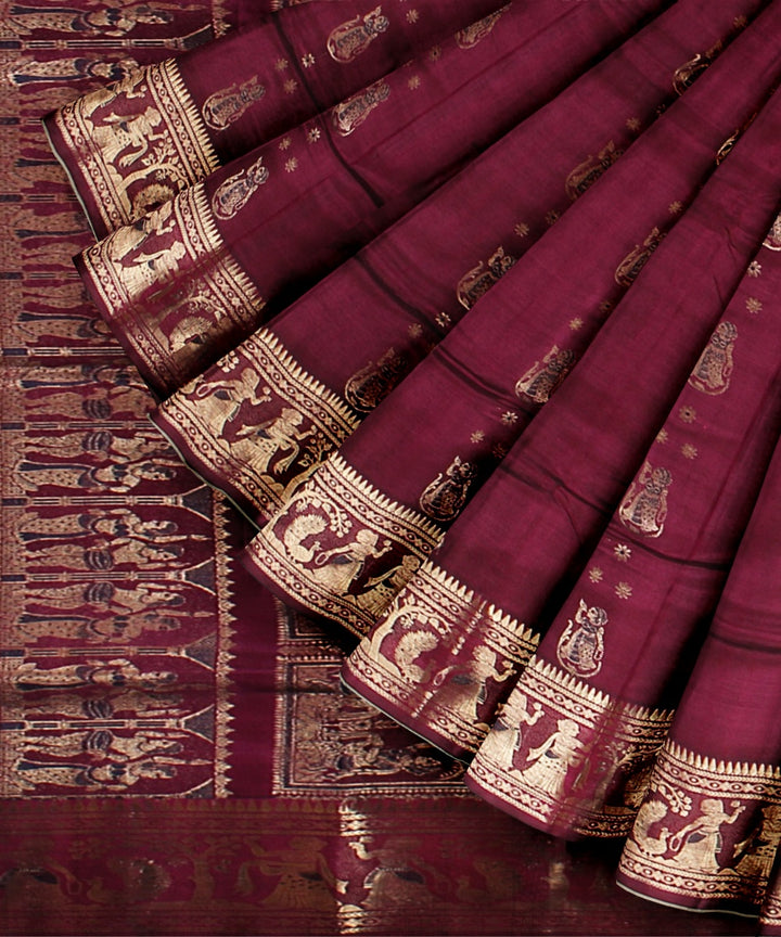 Burgundy golden zari handwoven meenakari baluchari silk saree