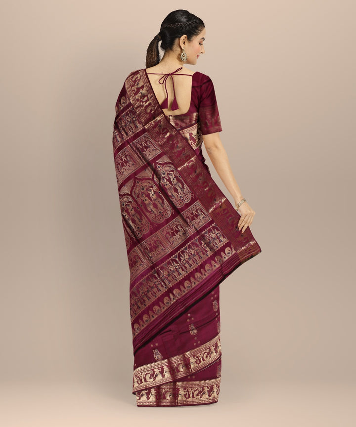Burgundy golden zari handwoven meenakari baluchari silk saree