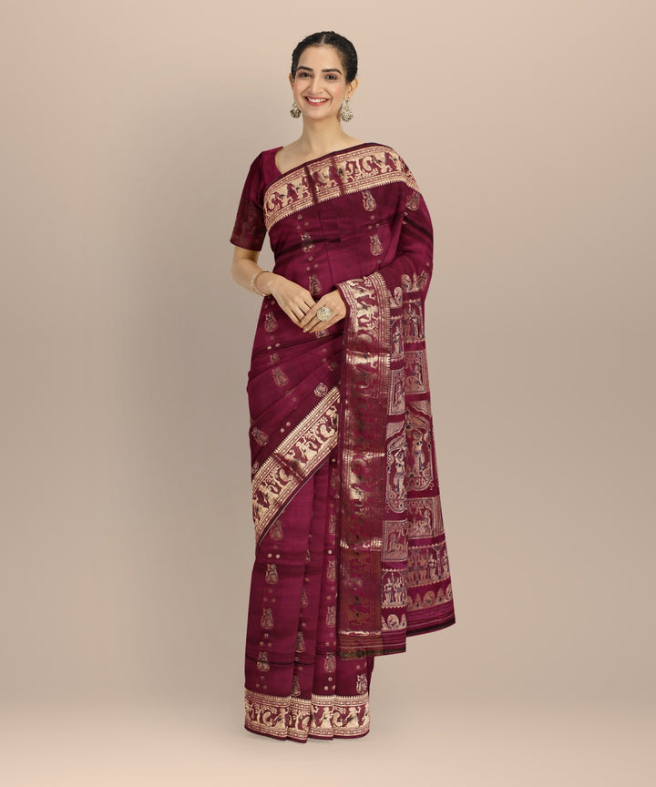 Burgundy golden zari handwoven meenakari baluchari silk saree