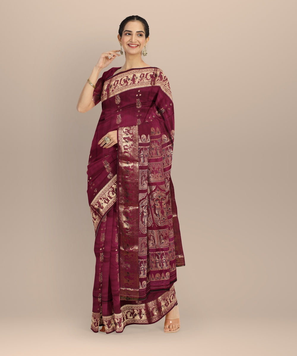 Burgundy golden zari handwoven meenakari baluchari silk saree
