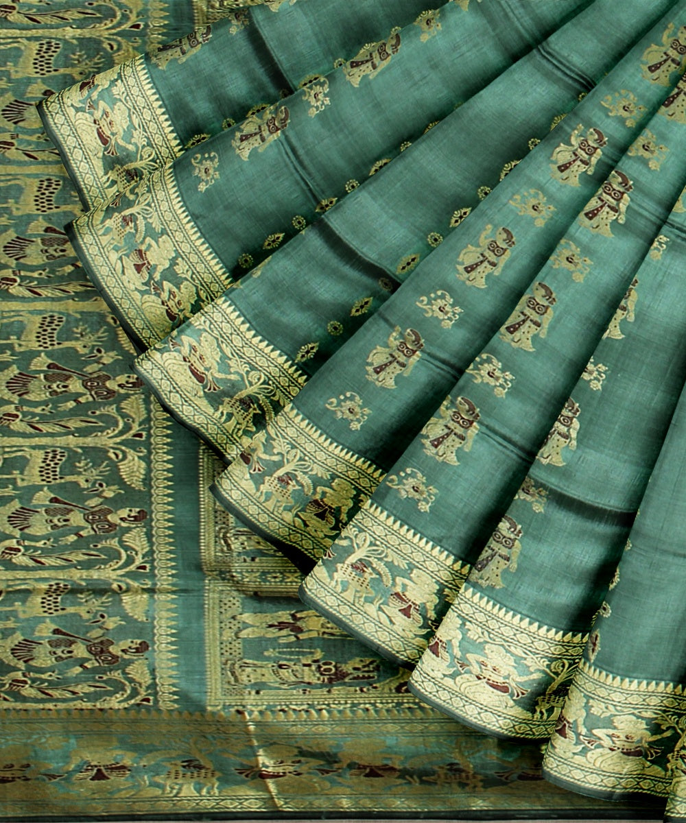 Cyan green multicolor handwoven meenakari baluchari silk saree