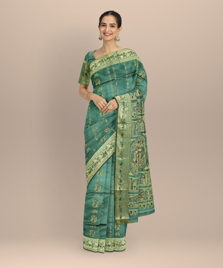 Cyan green multicolor handwoven meenakari baluchari silk saree