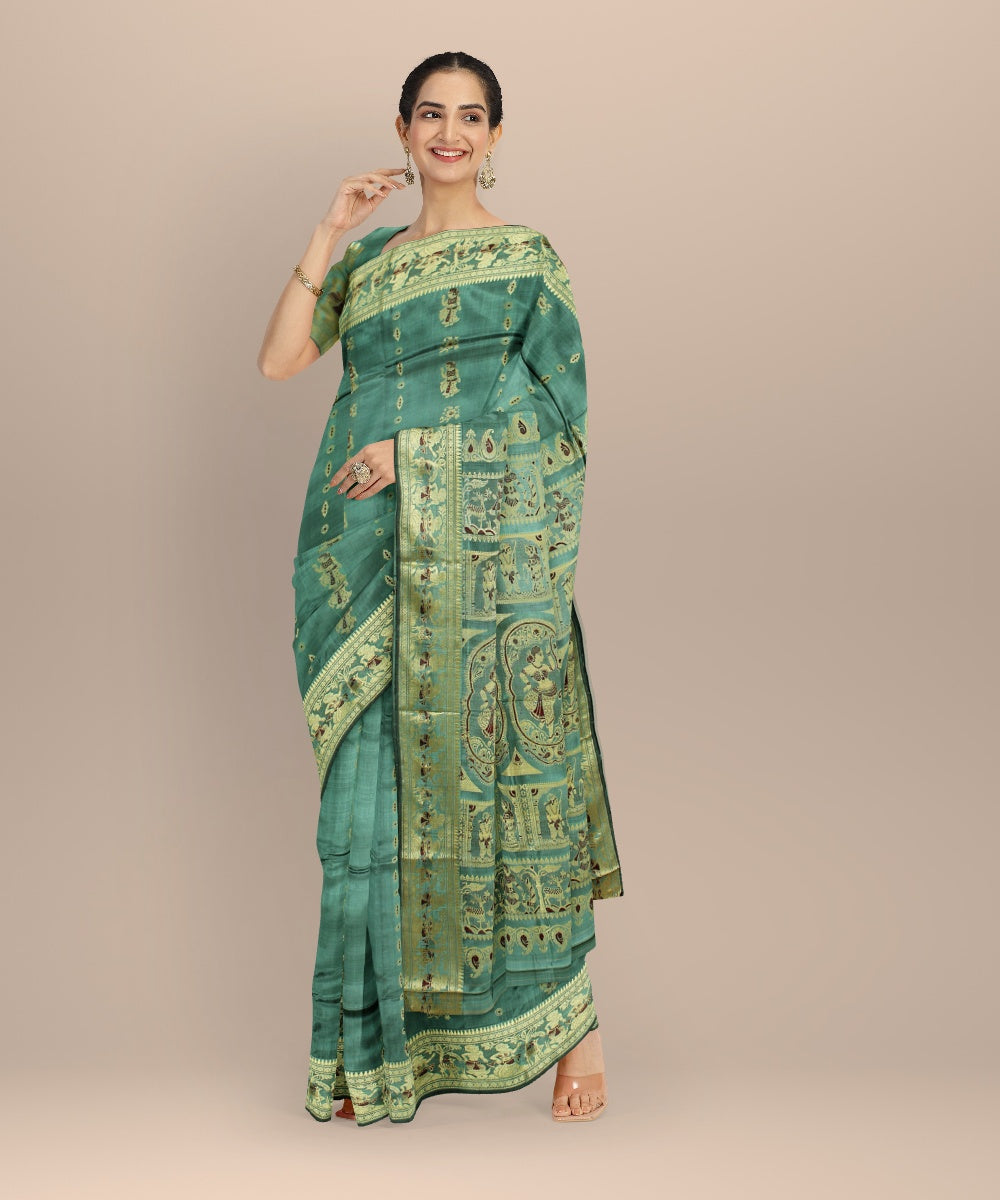 Cyan green multicolor handwoven meenakari baluchari silk saree