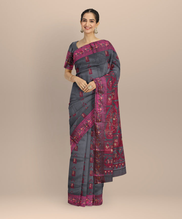 Grey pink handwoven meenakari baluchari silk saree