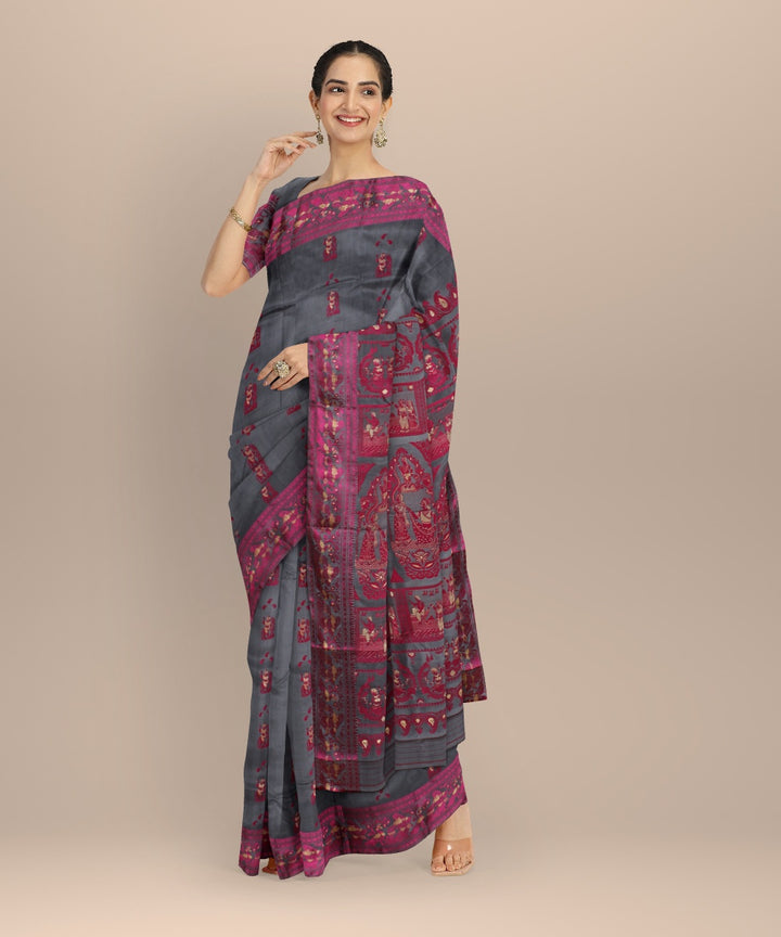Grey pink handwoven meenakari baluchari silk saree