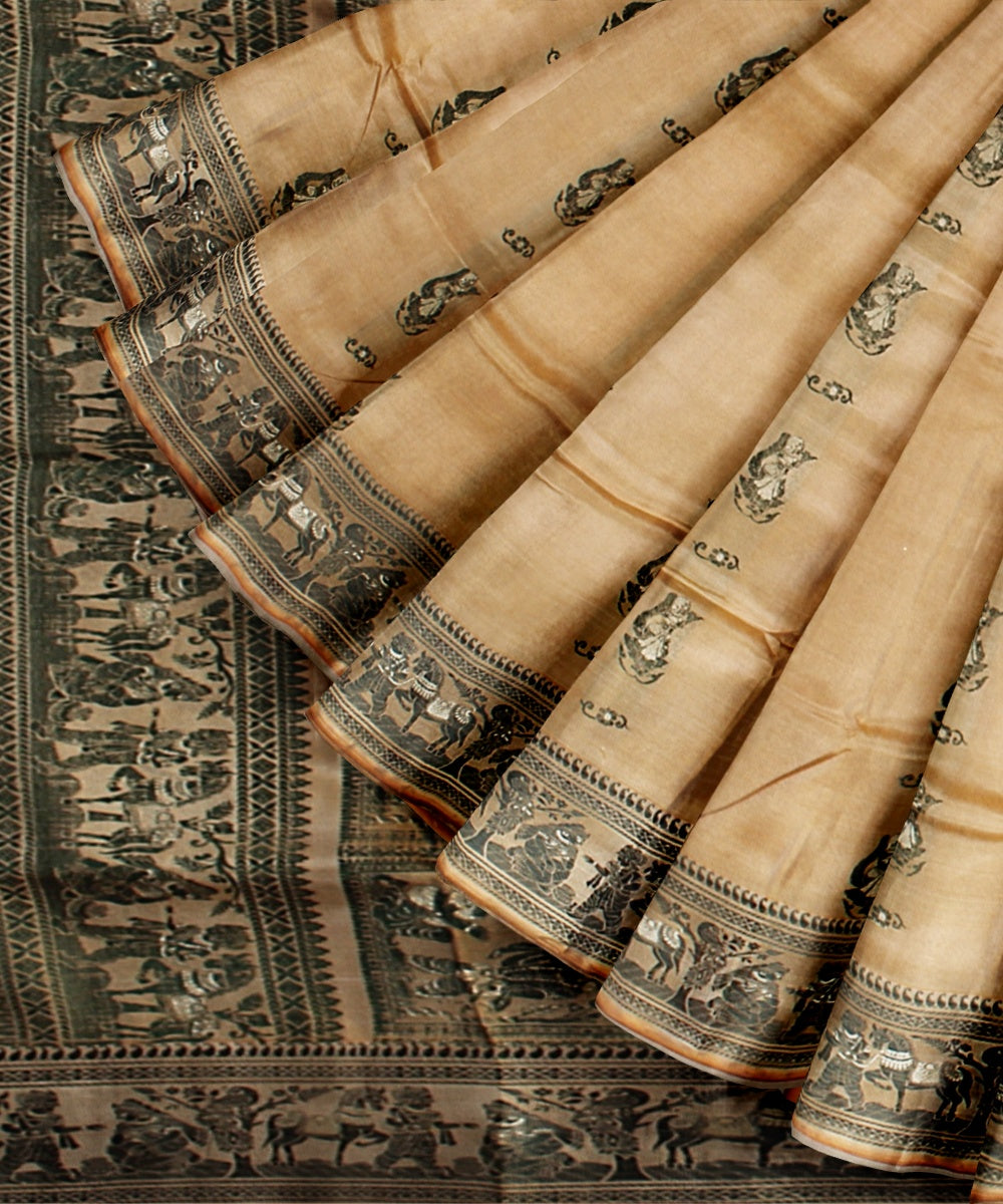 Cream green handwoven meenakari baluchari silk saree