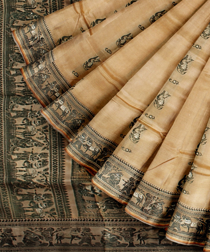 Cream green handwoven meenakari baluchari silk saree