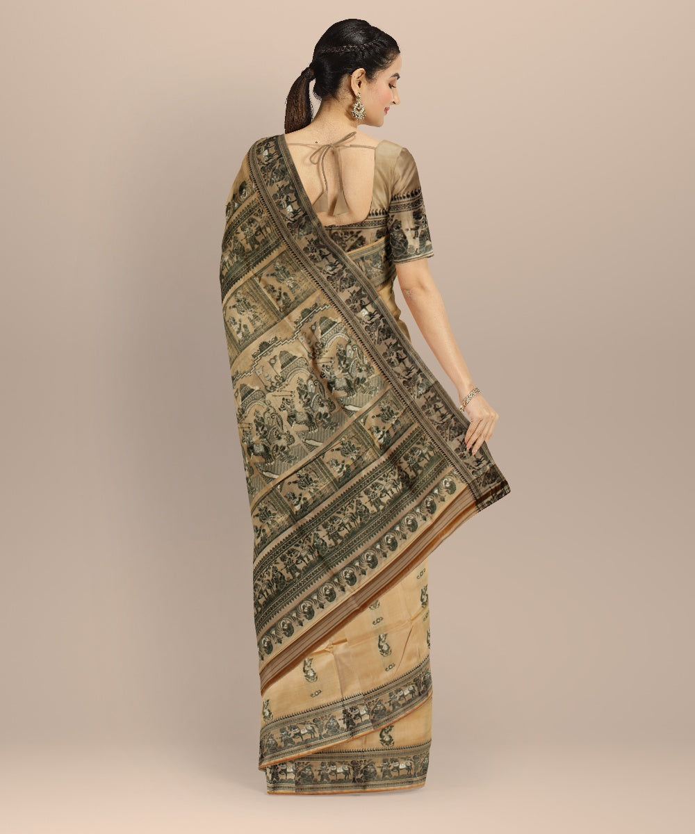 Cream green handwoven meenakari baluchari silk saree
