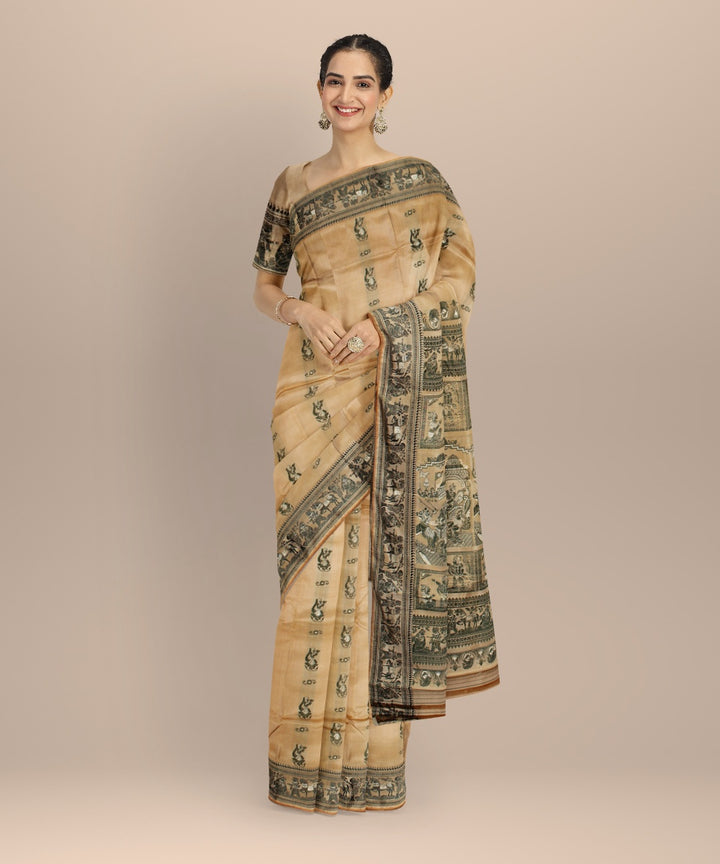 Cream green handwoven meenakari baluchari silk saree