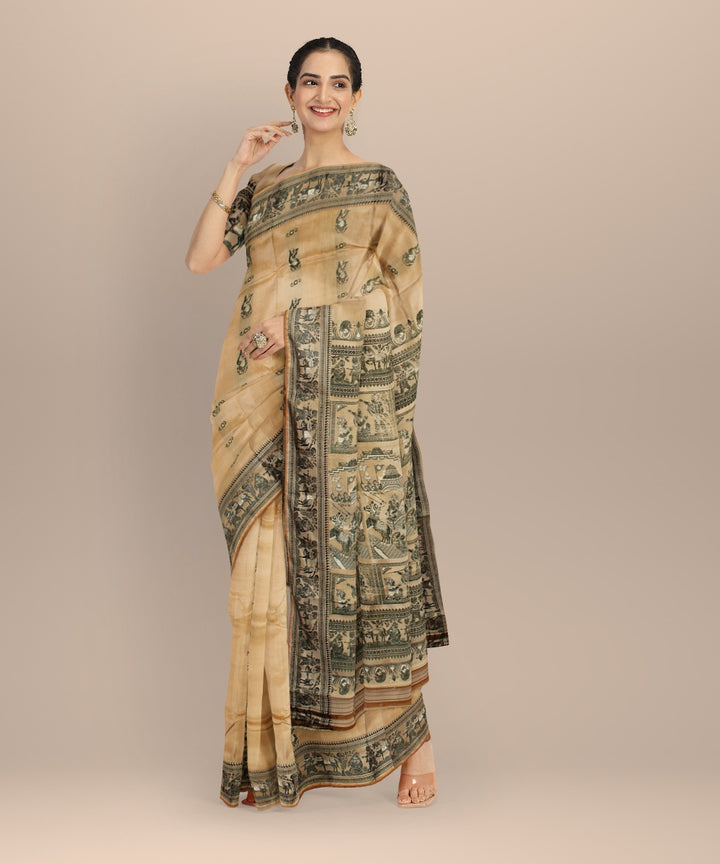 Cream green handwoven meenakari baluchari silk saree
