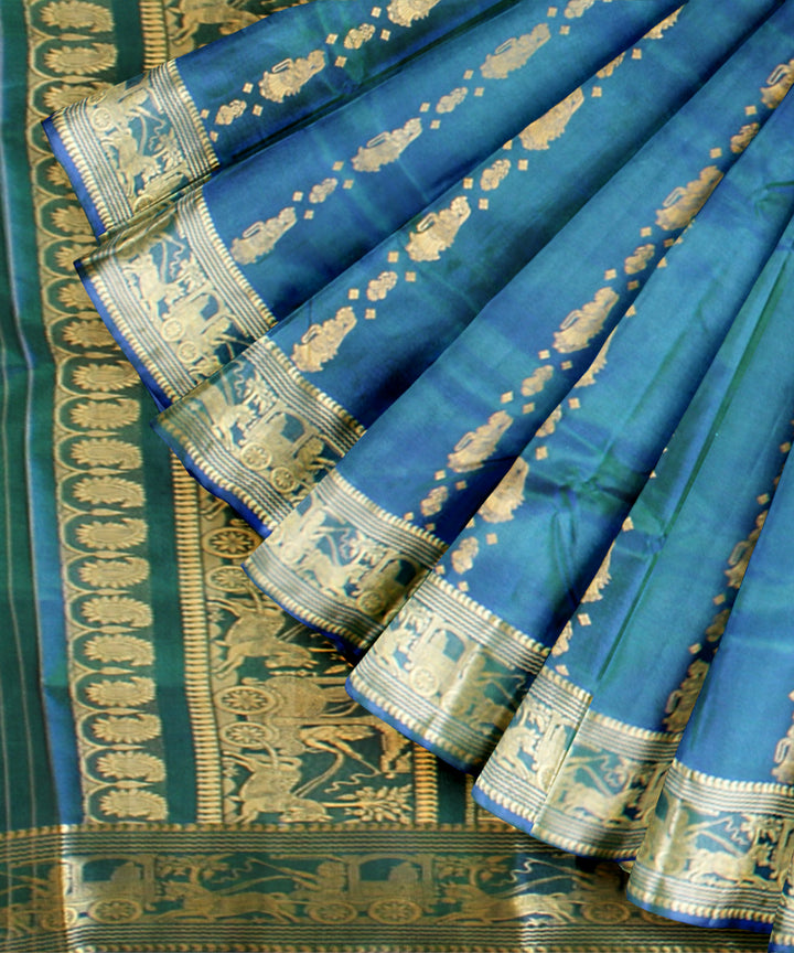 Cyan green golden handwoven baluchari silk saree