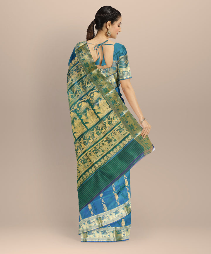 Cyan green golden handwoven baluchari silk saree