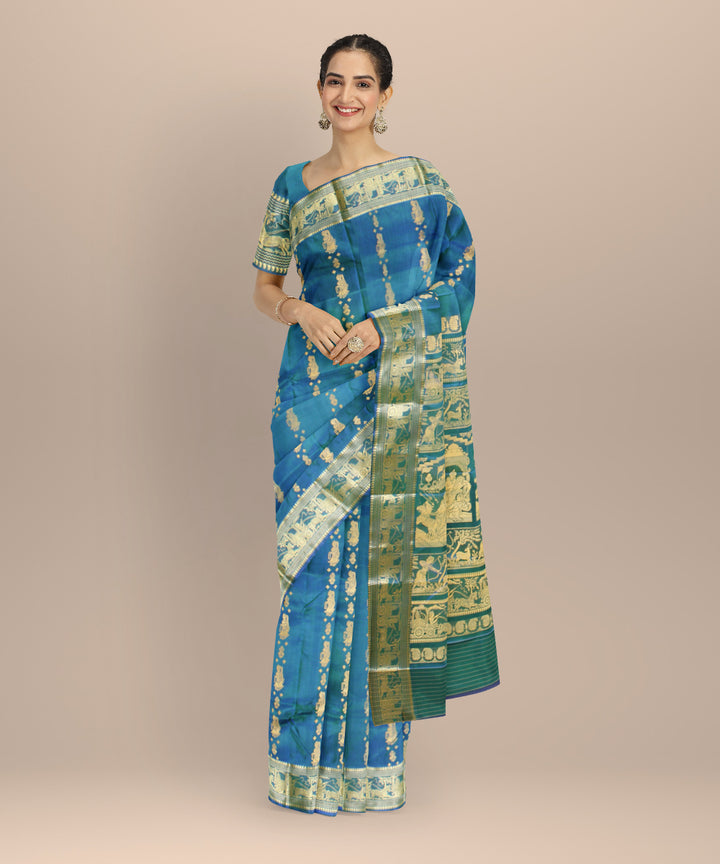 Cyan green golden handwoven baluchari silk saree