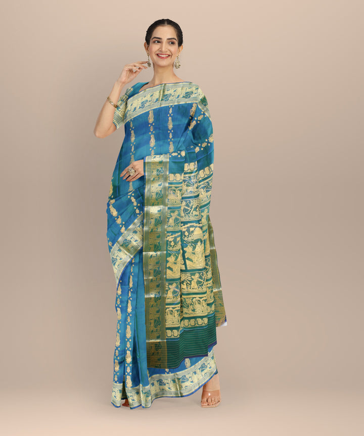 Cyan green golden handwoven baluchari silk saree