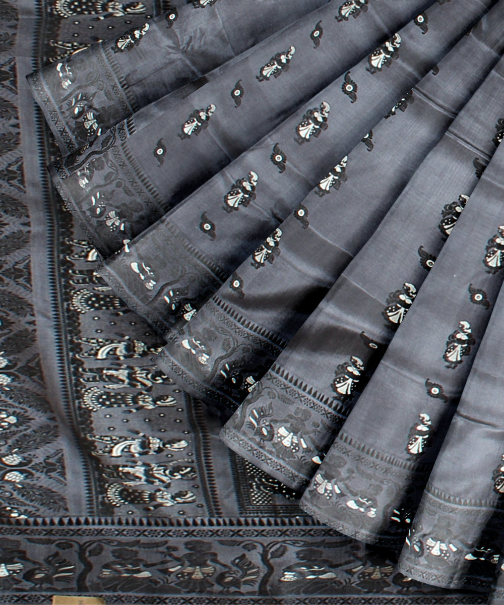 Charcoal grey white handwoven baluchari silk saree