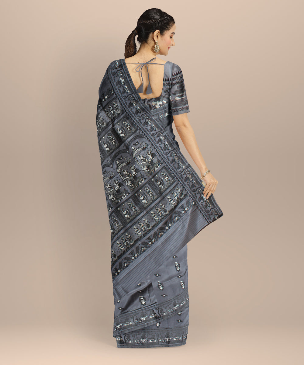 Charcoal grey white handwoven baluchari silk saree