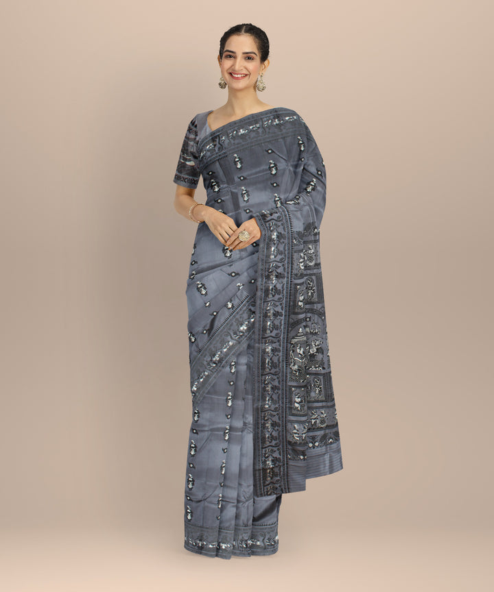 Charcoal grey white handwoven baluchari silk saree