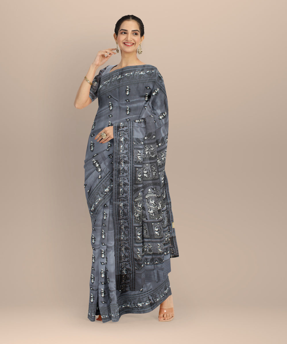 Charcoal grey white handwoven baluchari silk saree
