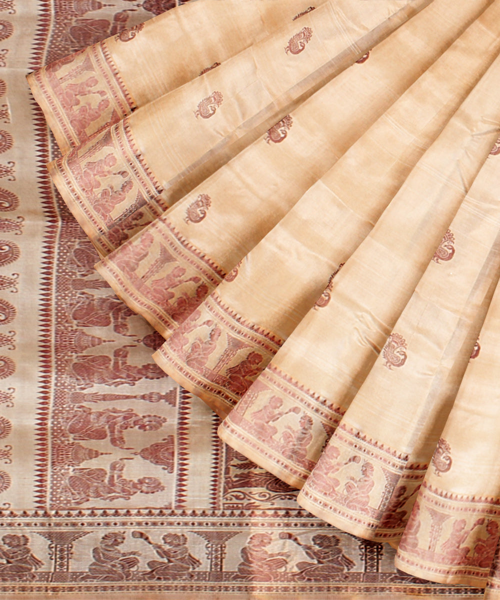 Beige red handwoven baluchari silk saree