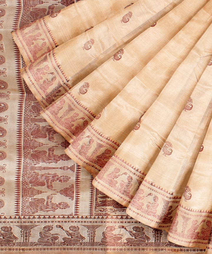 Beige red handwoven baluchari silk saree