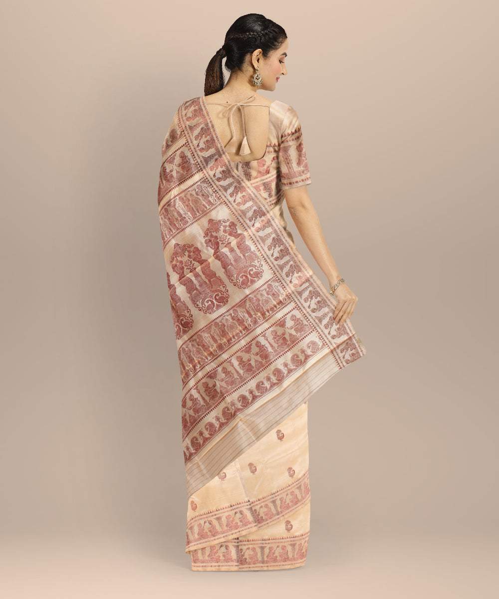 Beige red handwoven baluchari silk saree