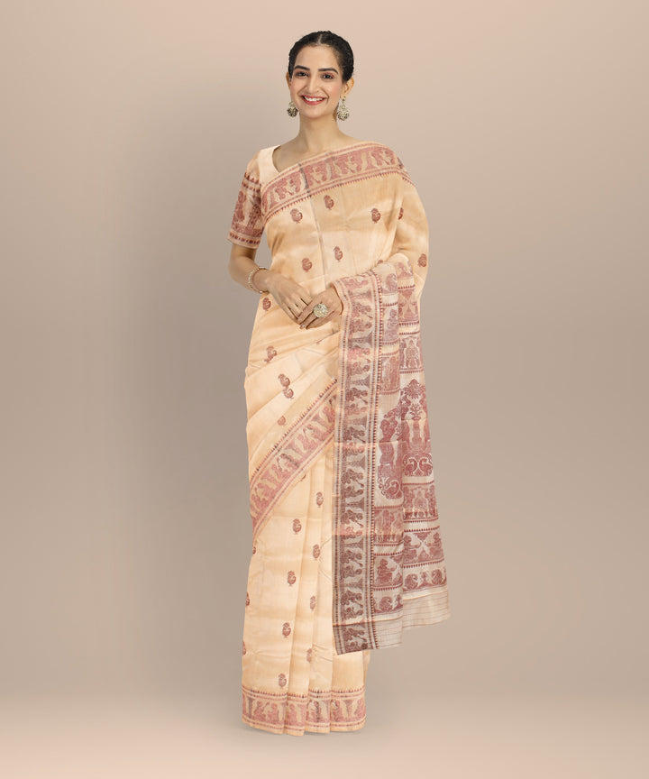 Beige red handwoven baluchari silk saree