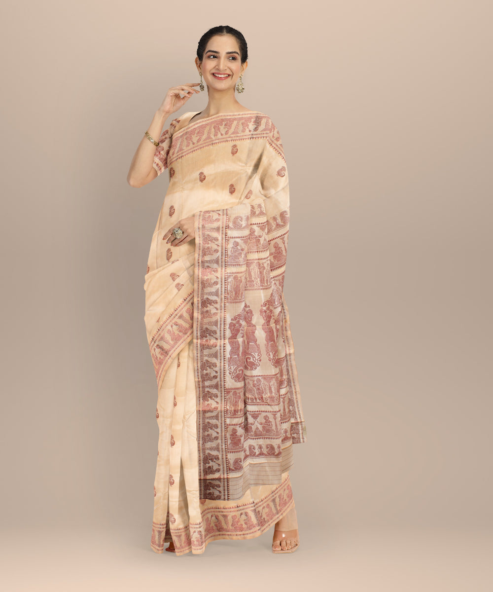 Beige red handwoven baluchari silk saree