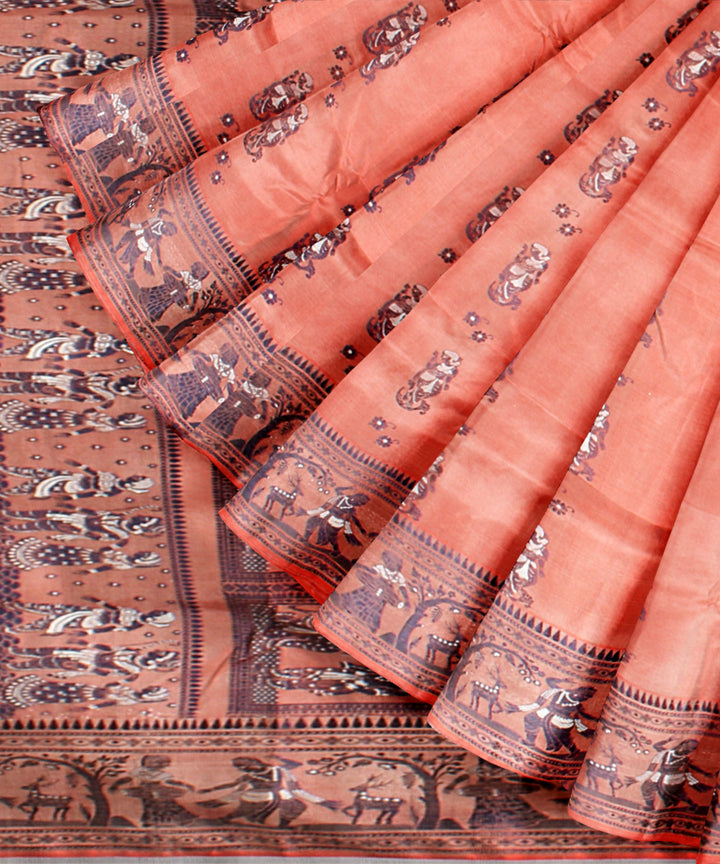 Light orange white handwoven baluchari silk saree