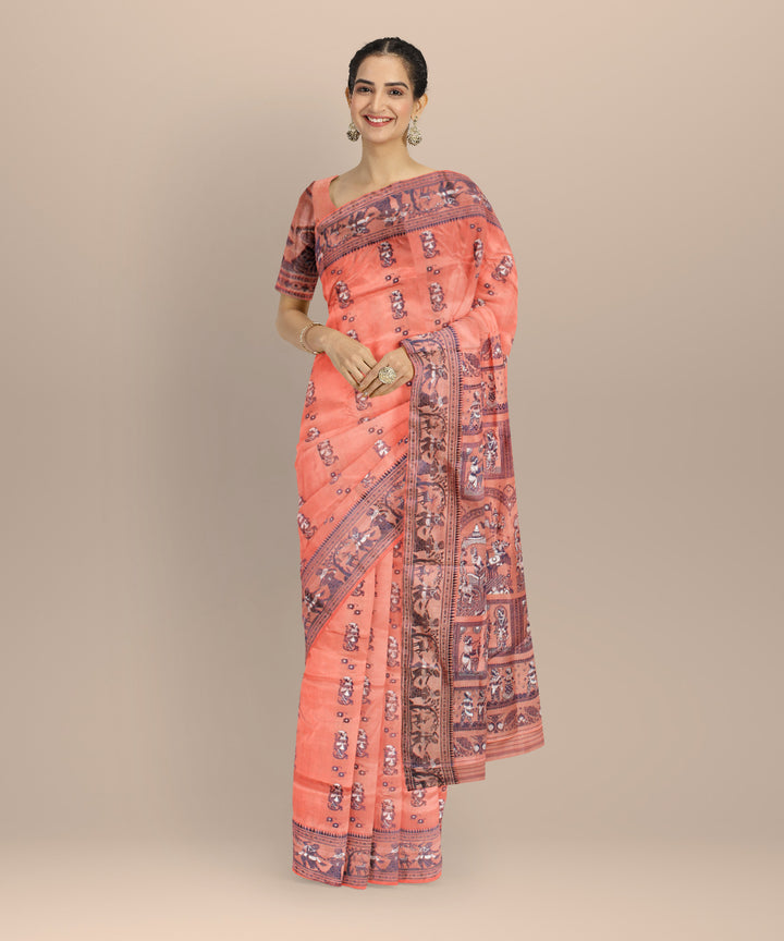 Light orange white handwoven baluchari silk saree