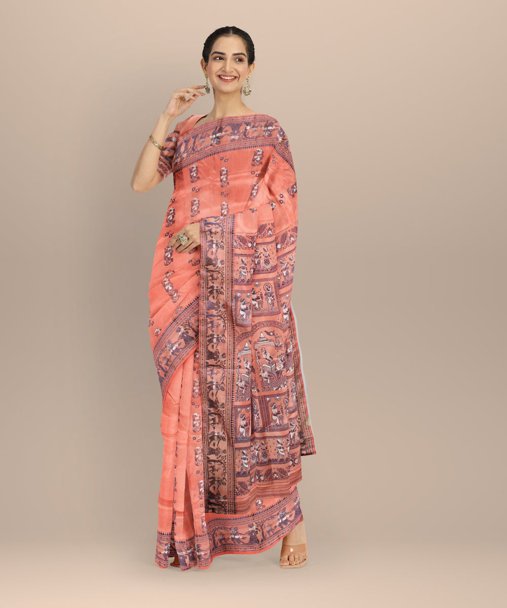 Light orange white handwoven baluchari silk saree