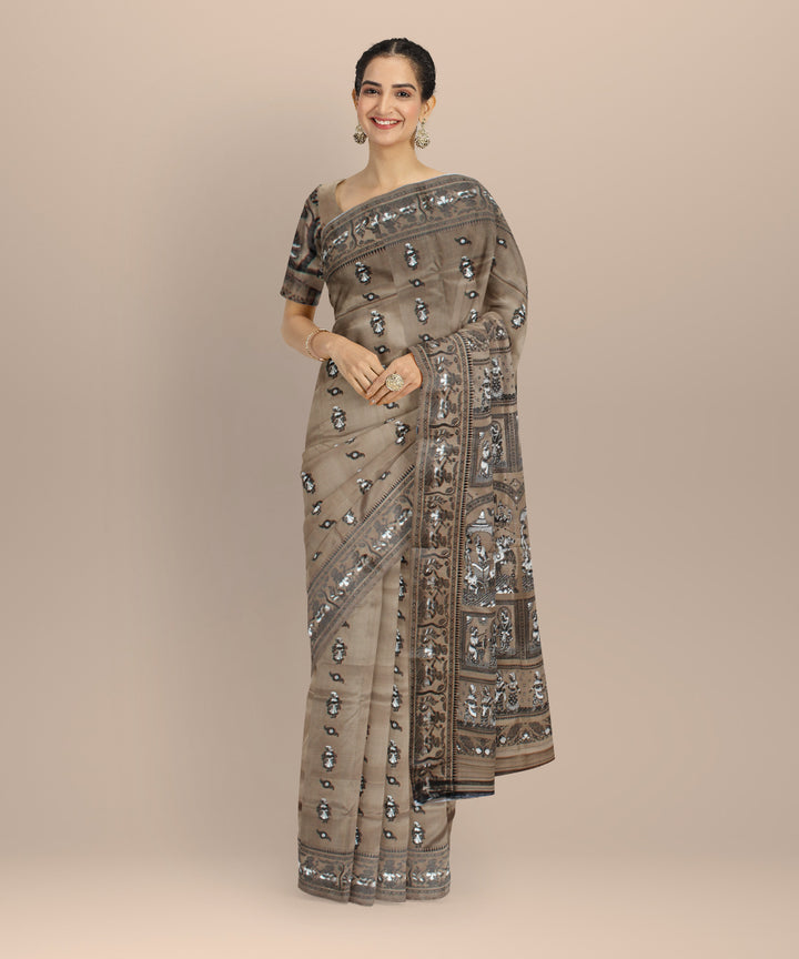 Olive black handwoven baluchari silk saree