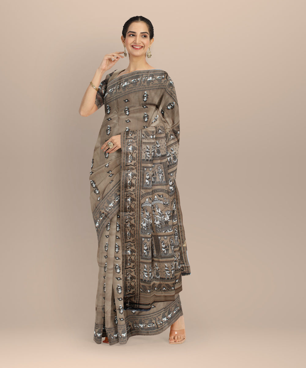 Olive black handwoven baluchari silk saree