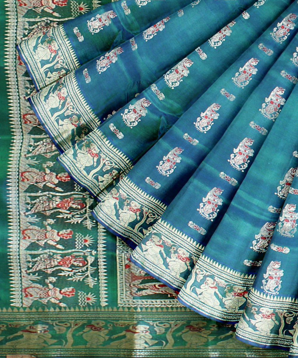 Sky blue green handwoven baluchari silk saree
