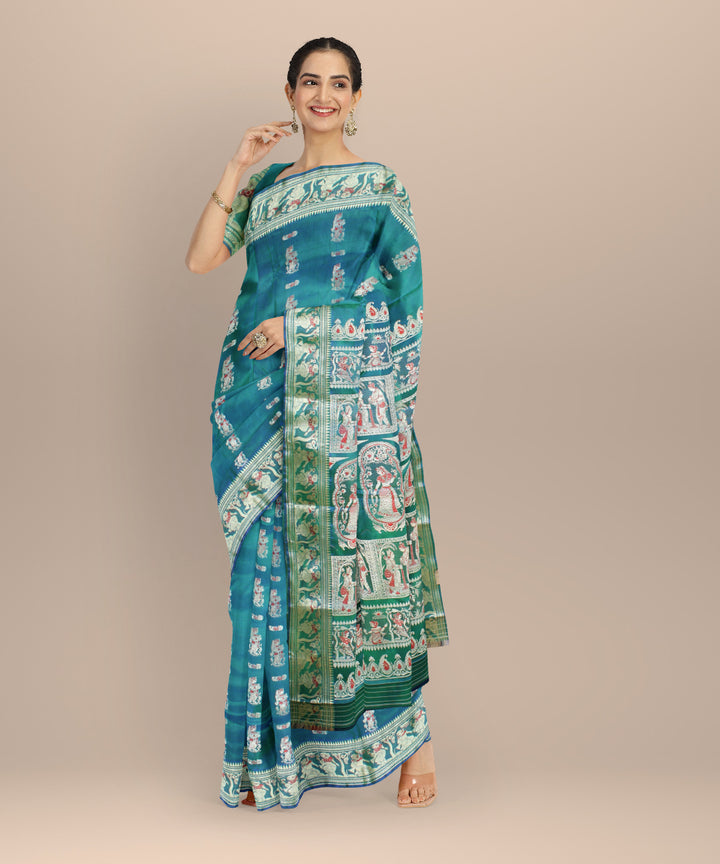 Sky blue green handwoven baluchari silk saree