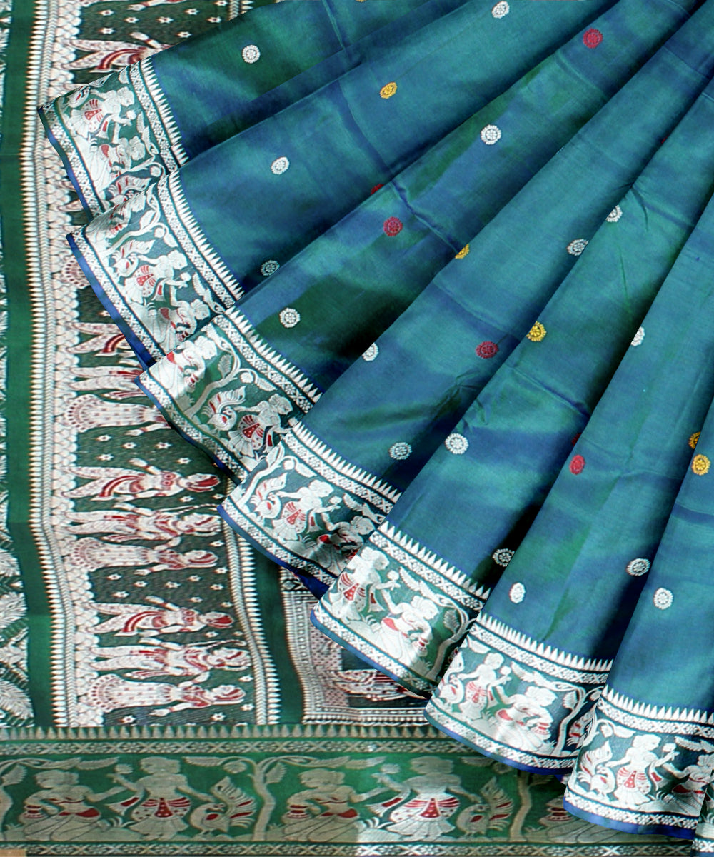 Peacock blue green baluchari handwoven silk saree
