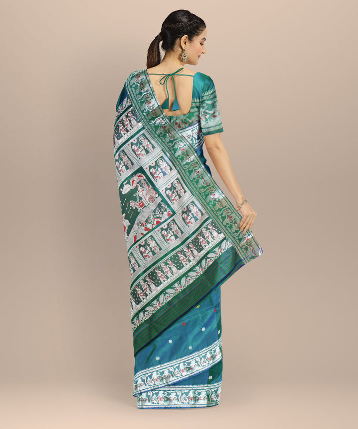 Peacock blue green baluchari handwoven silk saree