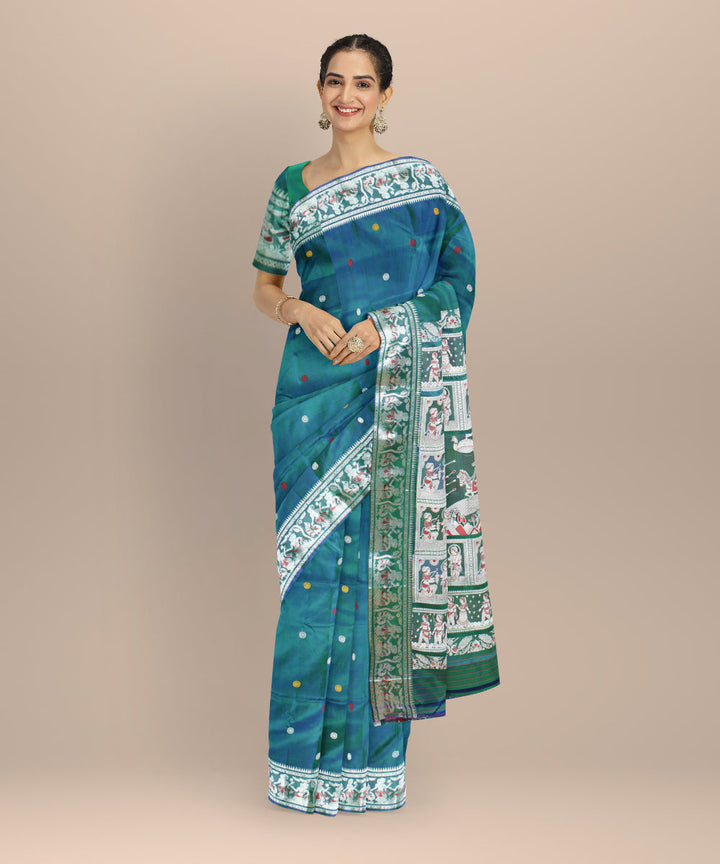 Peacock blue green baluchari handwoven silk saree
