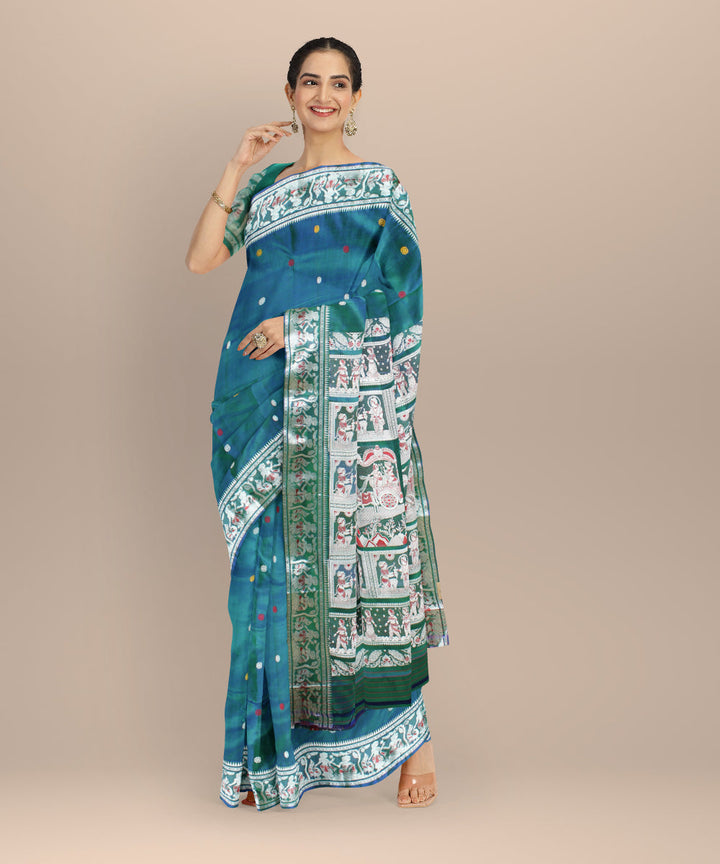 Peacock blue green baluchari handwoven silk saree