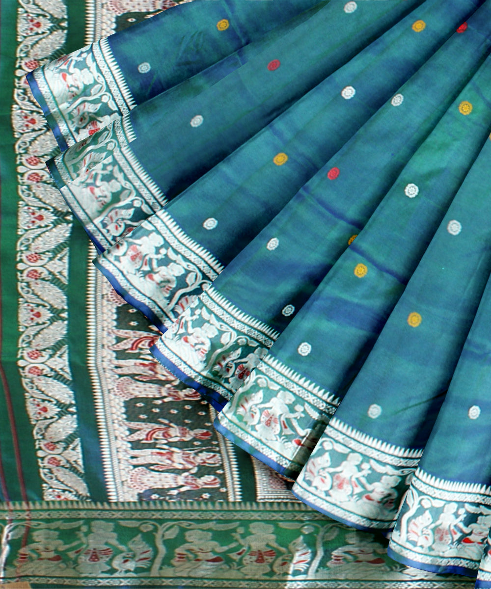 Peacock blue green handwoven baluchari silk saree