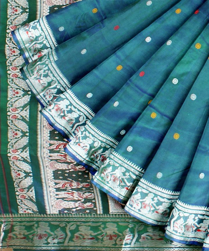 Peacock blue green handwoven baluchari silk saree