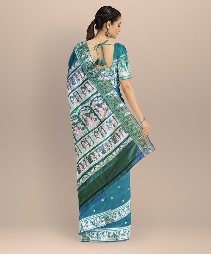 Peacock blue green handwoven baluchari silk saree