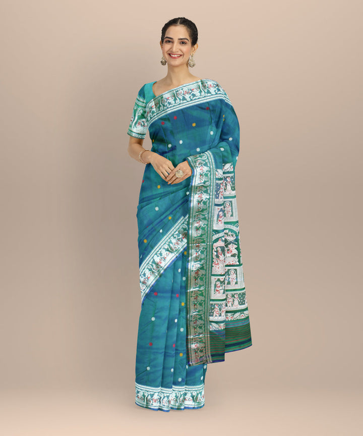 Peacock blue green handwoven baluchari silk saree